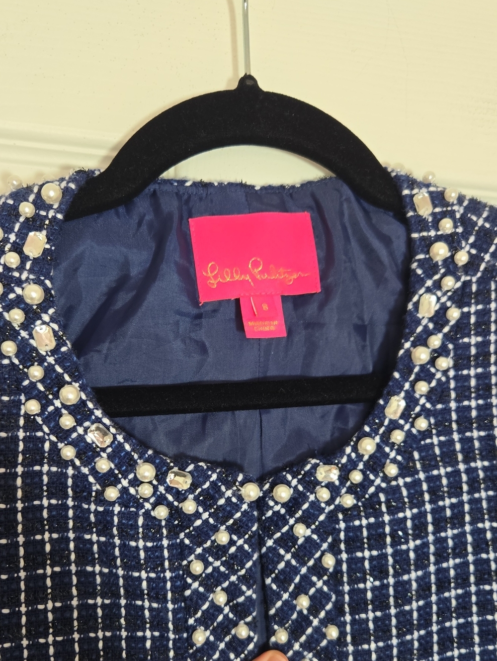 Lilly Pulitzer Vianne Tweed Jacket Low Tide Navy Size 8 Pearl Trim - Picture 9 of 16